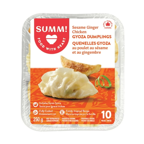 SUMM! Sesame Ginger Chicken Gyoza Dumplings, 10 pieces gyoza with 1 package of sauce, 250g