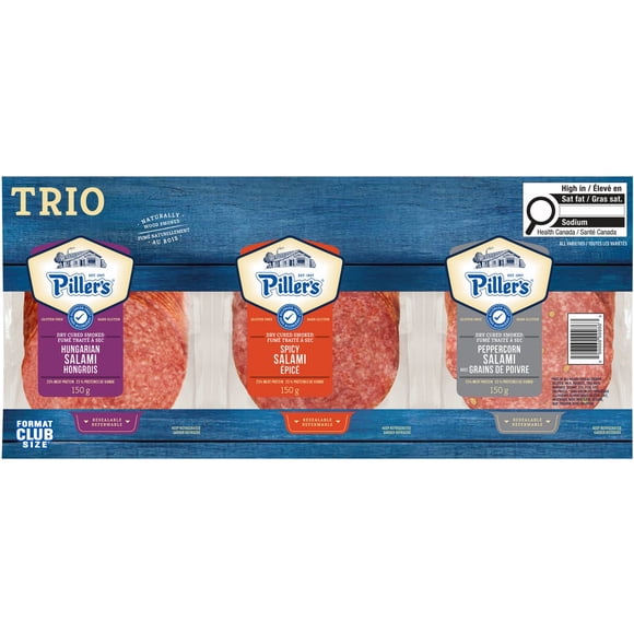Piller’s TRIO Club Pack Hungarian, Spicy and Peppercorn Salami, 3 x 150 g