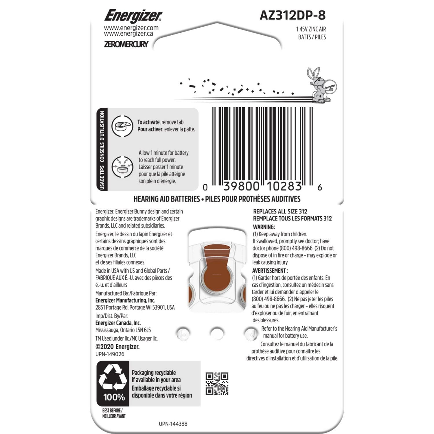 Energizer Ez Turn & Lock Size 312, 8-Pack, Brown, Size 312 batteries