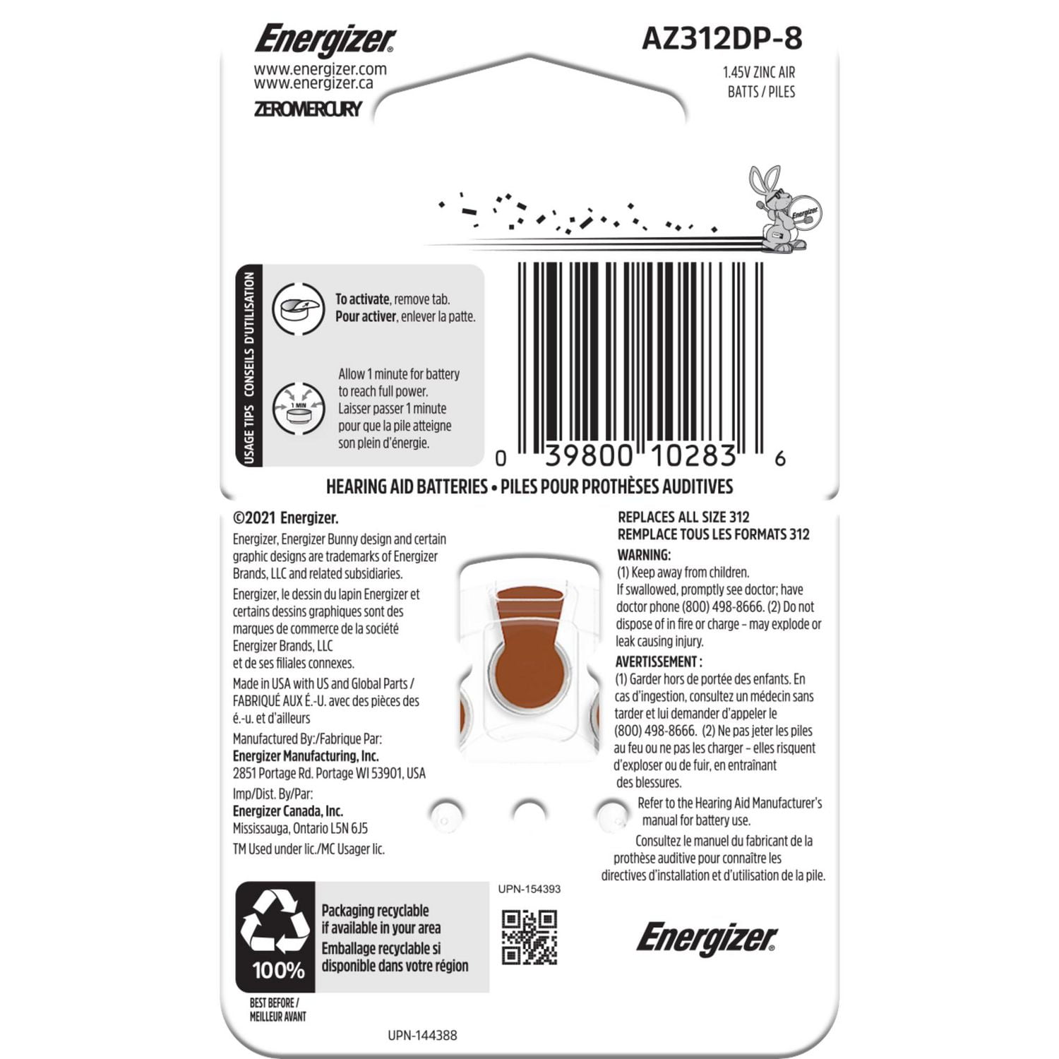 Energizer Ez Turn & Lock Size 312, 8-Pack, Brown, Size 312 batteries