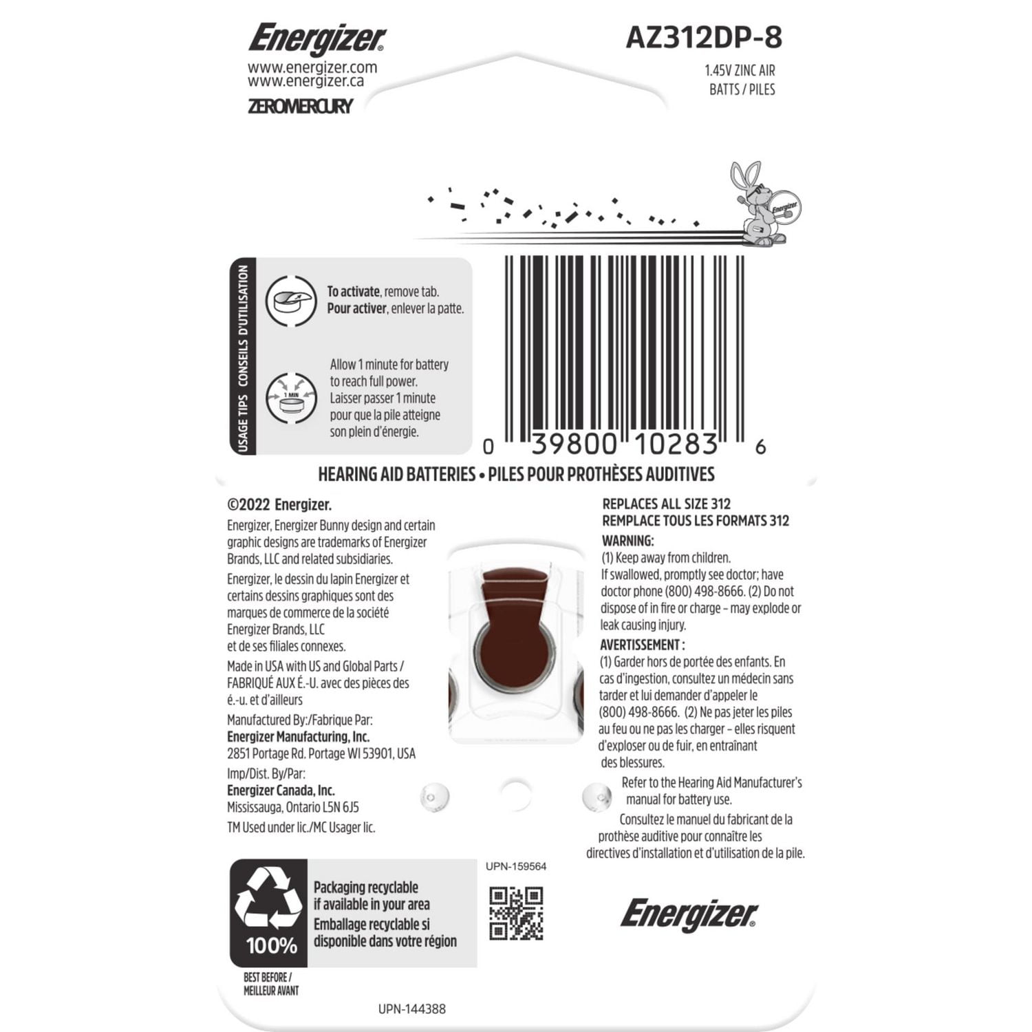 Energizer Ez Turn & Lock Size 312, 8-Pack, Brown, Size 312 batteries