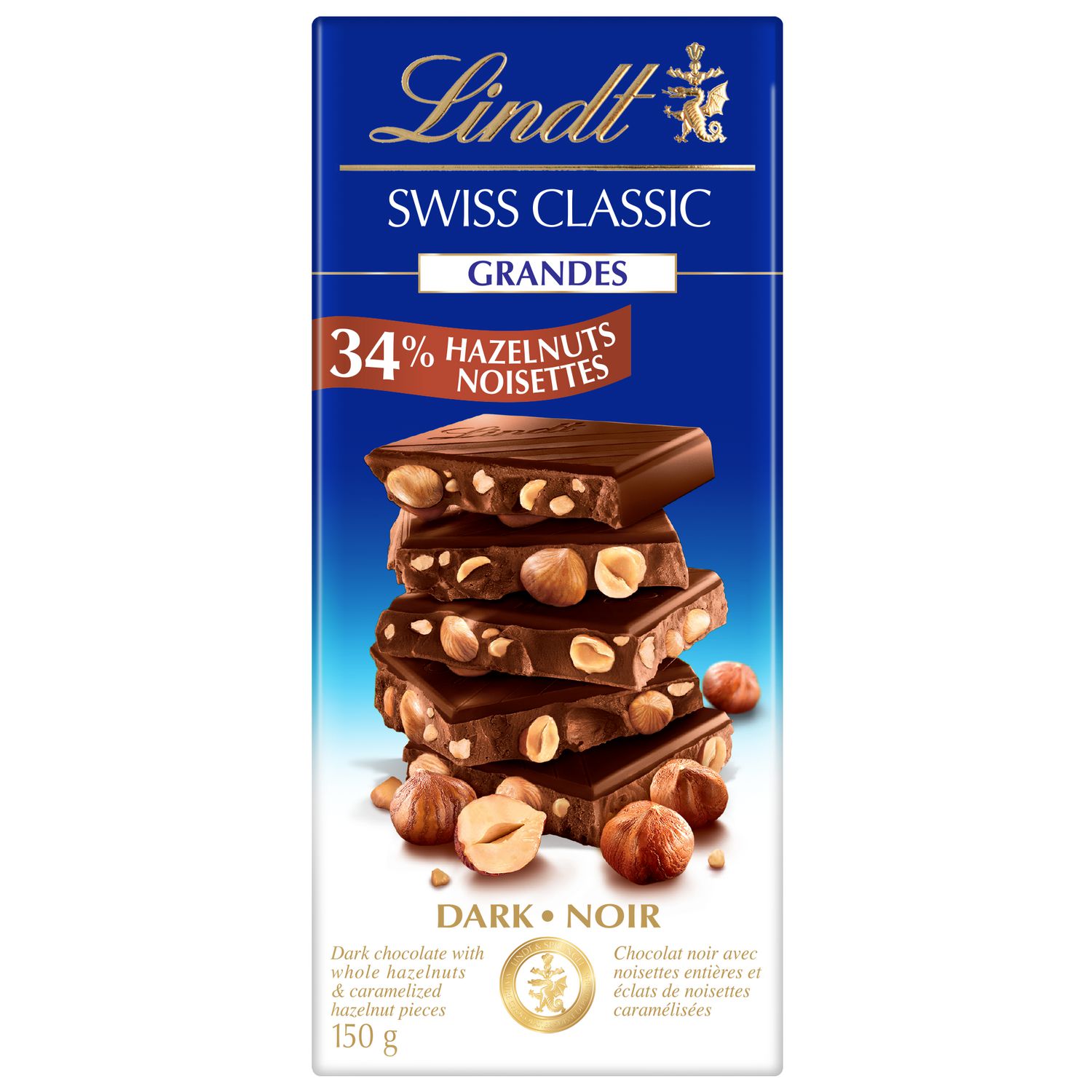 Lindt Swiss Classic Grandes Hazelnut Dark Chocolate Bar 150g Walmart