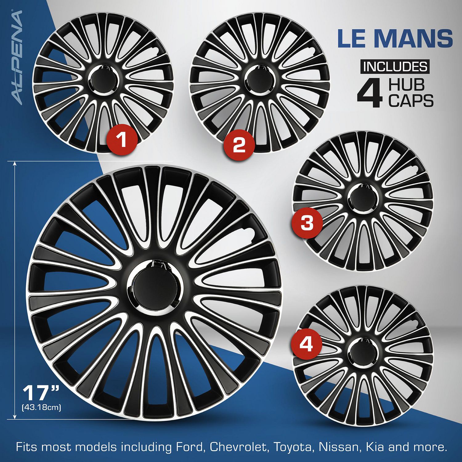 Alpena 17" Le Mans Wheel Covers, Silver  Black, set of 4, Hubcaps 