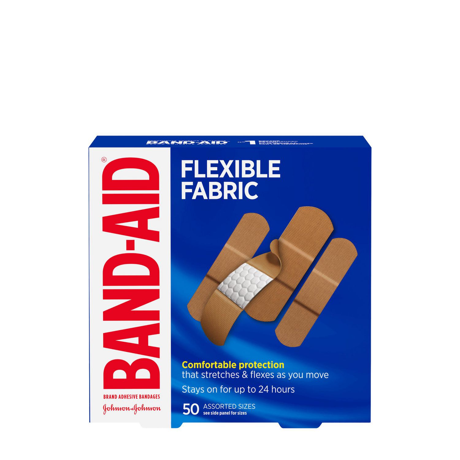 Band-Aid Brand Flexible Fabric Adhesive Bandages, Assorted Sizes, Family Pack, 50 Count – Memory Weave Fabric for Comfortable Fit, Gentle Removal, Covers & Protects Minor Wounds, Cuts & Scrapes