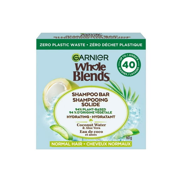 Garnier Whole Blends Coconut & Aloe Vera Hydrating Shampoo Bar for Normal Hair, Zero Plastic Packaging, Silicone Free, Preservative Free, Soap & Dye Free, with Coconut oil and Organic Aloe Vera, 60G, -