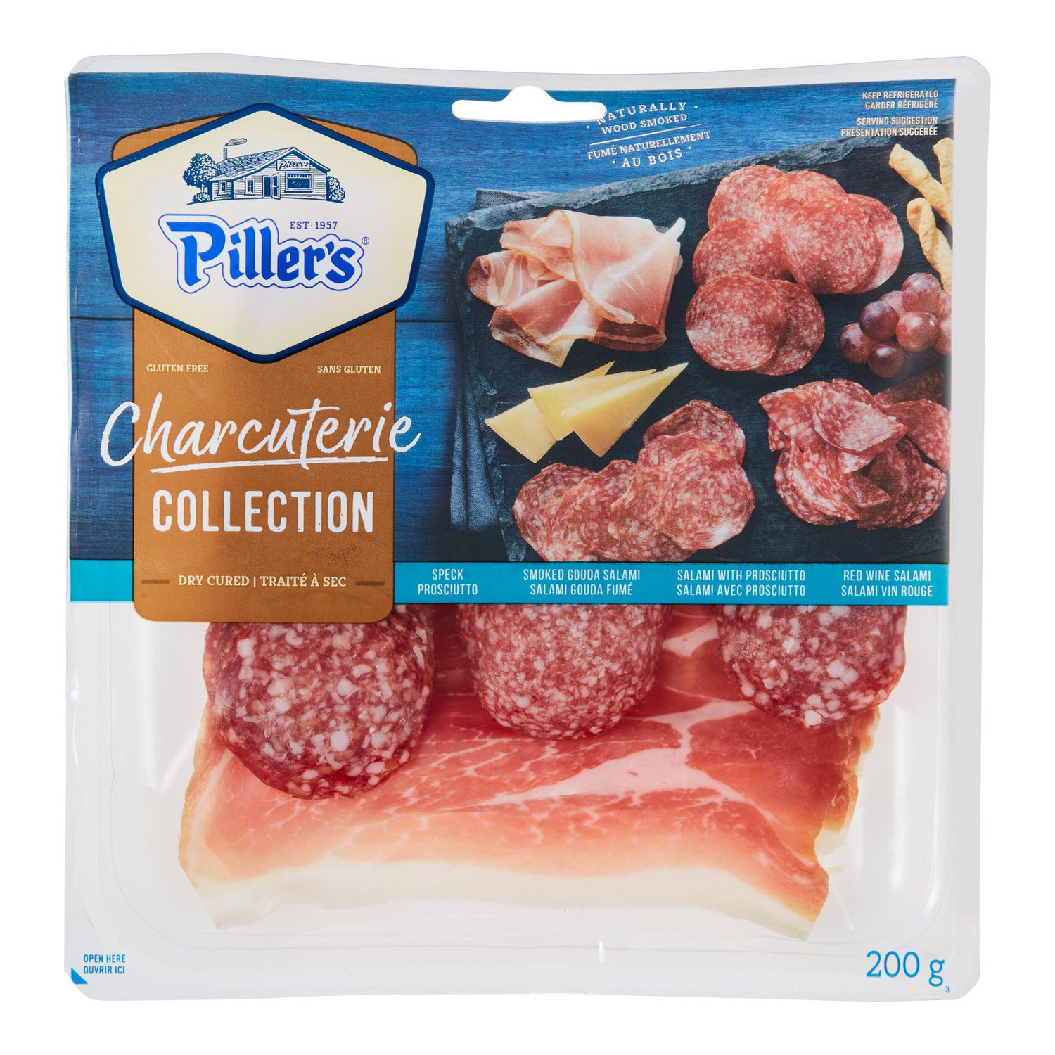 Collection de Charcuterie Piller's, 200 g de Charcuteries Sèches Pré-Tranchées - Moucheté, Gouda Salami Fumé, Salami avec Prosciutto et Salami au Vin Rouge - Superposé dans un Plateau de Vente au Détail avec Étiquette Piller's. Sélection Prête à Manger Convenant aux Planches de Charcuterie, Sandwichs Ou pizza.