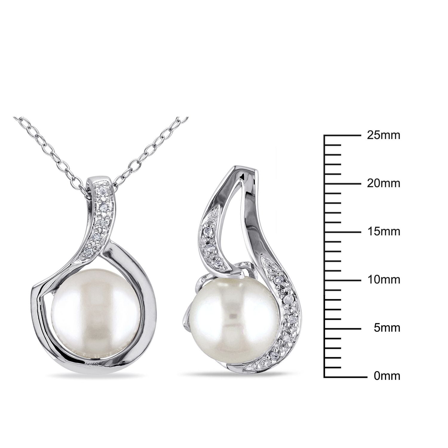Miabella 9-9.5mm Cultured Freshwater Pearl and Diamond-Accent Sterling Silver Swirl Earrings and Pendant Set