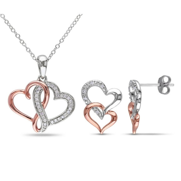 Miabella 1/5 Carat T.W. Diamond Two-Tone Sterling Silver Joined Hearts Pendant And Earrings Set