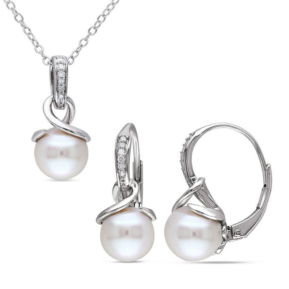 Miabella 8-8.5mm Cultured Freshwater Pearl and Diamond-Accent Sterling Silver Earrings and Pendant Set