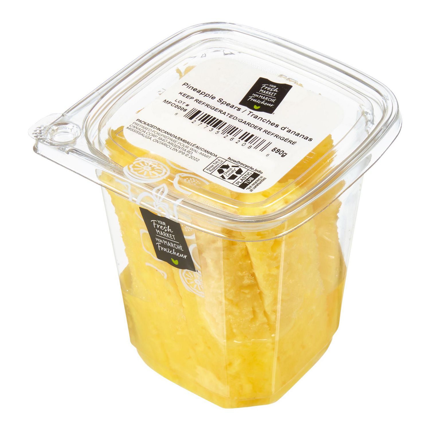 Your Fresh Market Pineapple Spears, 590 g, front-facing clear plastic tray of peeled, ready-to-eat pineapple spears with golden-yellow flesh and visible fibrous core, sealed label noting packaged in Canada and keep refrigerated; suitable for snacking, beverage garnish or grilling.