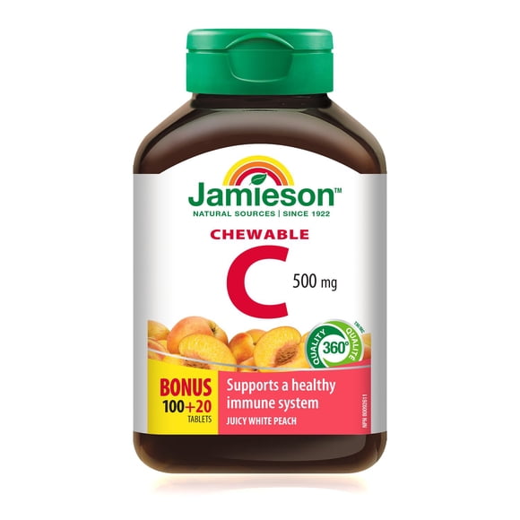 Jamieson Vitamin C Chewable Tablets, 500 mg, White Juicy Peach Flavour