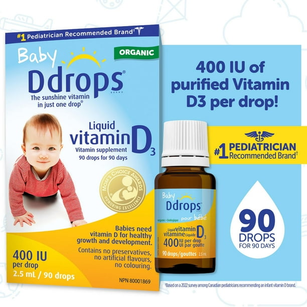 Supplément vitaminique de vitamine liquide D3 de Ddropsᴹᴰ pour bébé, 400 UI 2,5 ml, 90 gouttes