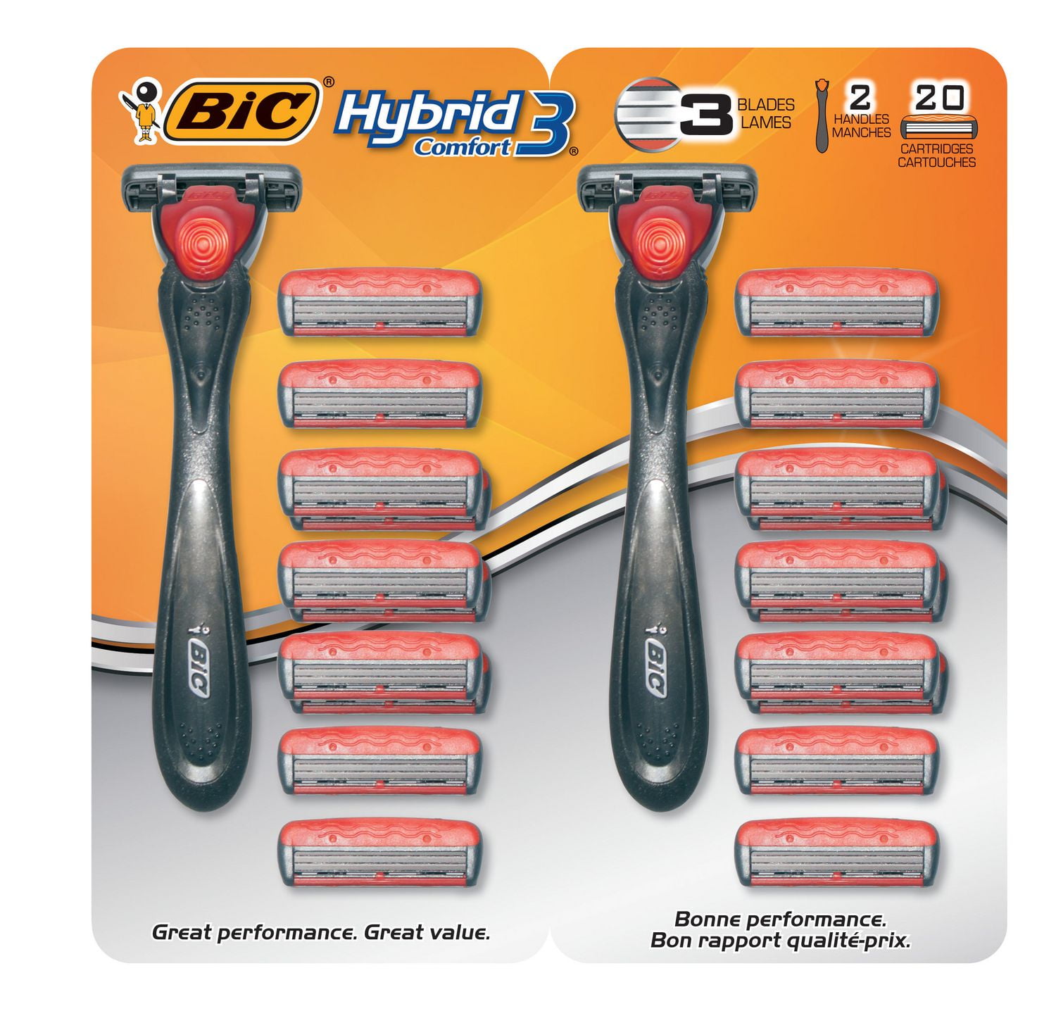 BIC Comfort 3 Hybrid Disposable Men's Razor, 3Blade, 2 Handles and 20