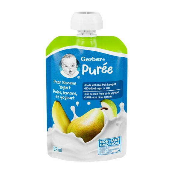 GERBER Pear Banana Yogurt Purée, Made With Real Fruit and Yogurt, For Babies & Toddlers, No Added Sugar or Salt, Non-GMO, Resealable Pouch With Spout, 92mL