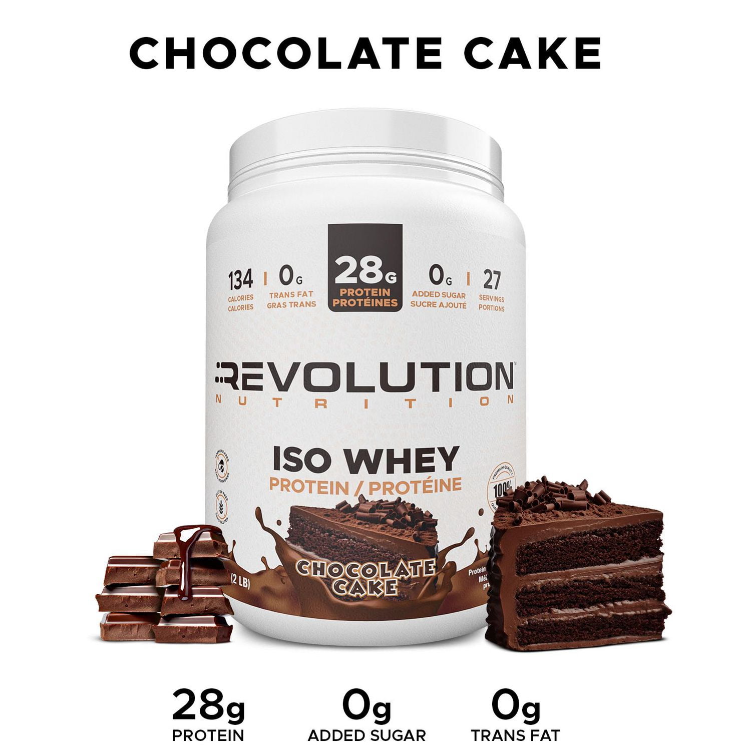 Revolution Nutrition, Iso Whey, Poudre de Protéines 2LB, Isolat à 100 %, 28 g de Protéines par Dosette, 27 Portions, Formule pour Masse Musculaire Maigre, Faible en Glucides, Sans Gluten, 908 g, Gâteau au Chocolat (2 Livres)