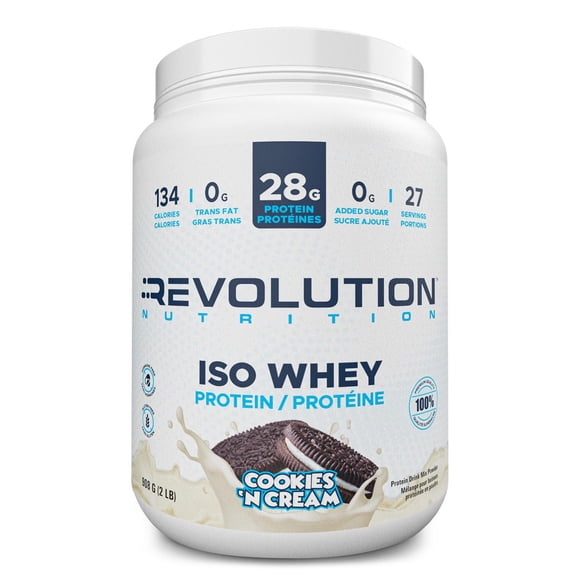 Revolution Nutrition, Iso Whey, Poudre de Protéines 2LB, Isolat à 100 %, 28 g de Protéines par Dosette, 27 Portions, Formule pour Masse Musculaire Maigre, Faible en Glucides, Sans Gluten, 908 g, Cookies & Cream (2 Livres)
