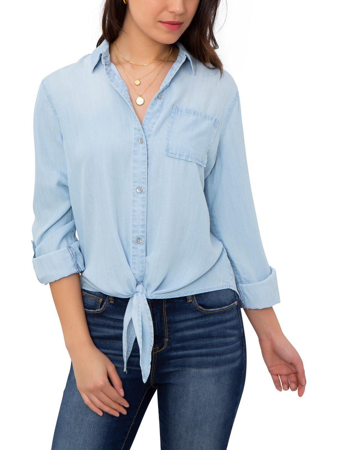 Jordache Women's Hi Low Tie Front Shirt