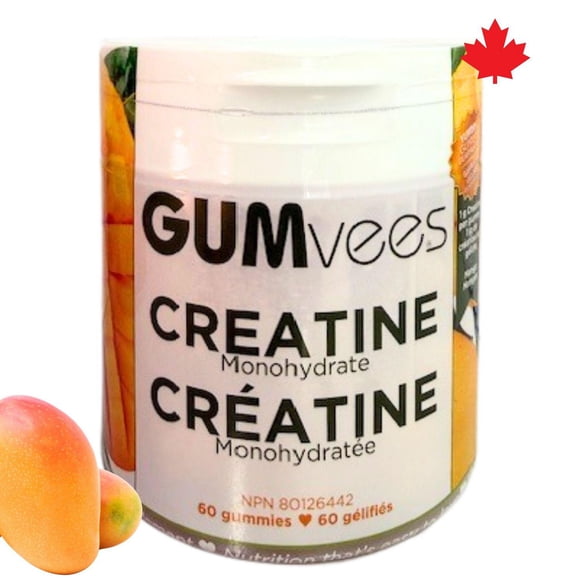 Gummies de créatine GUMvees, 1 g de monohydrate de créatine par gummy, soutien athlétique, saveur mangue, aucun mélange requis, fabriqués au Canada, NPN 80126442