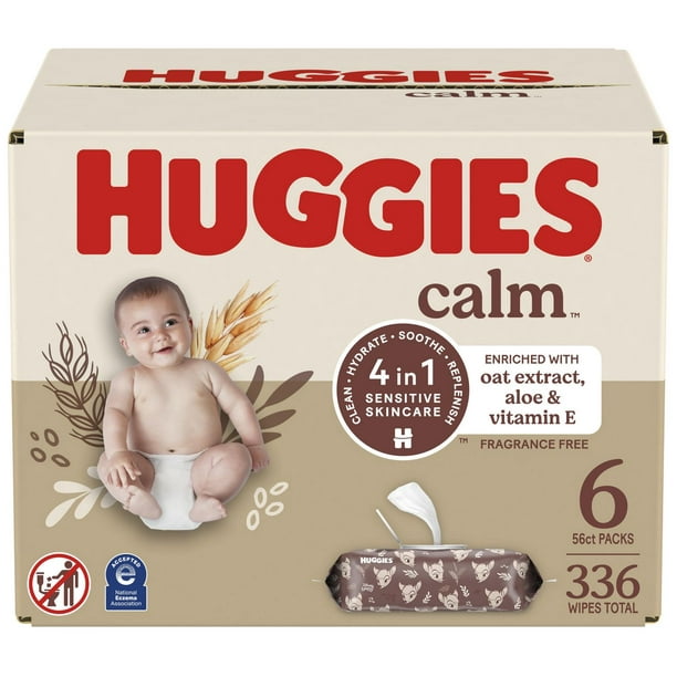 Lingettes pour bébés Huggies Calm, non parfumées, 6 emballages à  bouton-poussoir 336 lingettes 