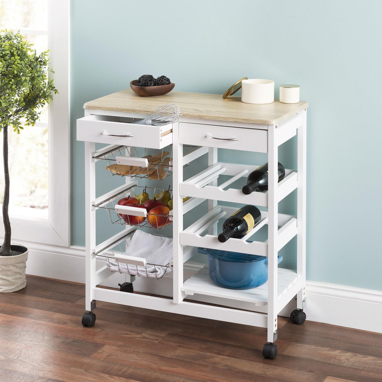 Oak Top Rolling Kitchen Trolley with Two Drawers and Two Baskets, White ...