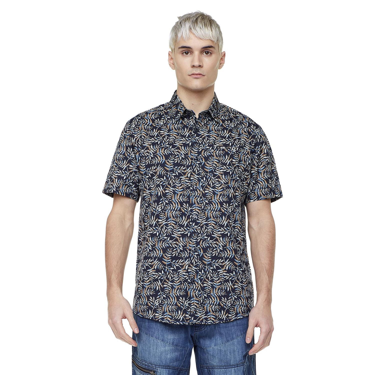 Dark Black Men's Short-Sleeve Patterned Button-Down Shirt