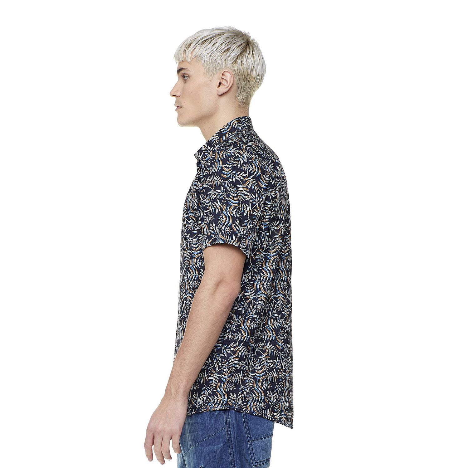 Dark Black Men's Short-Sleeve Patterned Button-Down Shirt