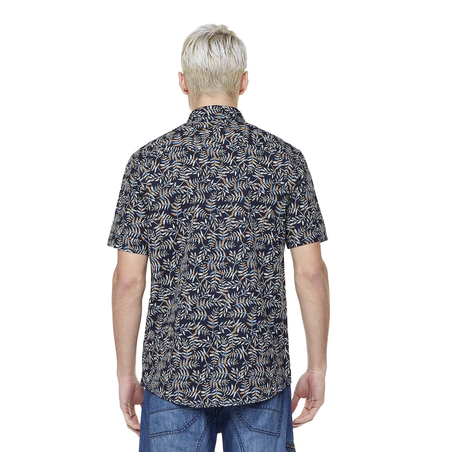Dark Black Men's Short-Sleeve Patterned Button-Down Shirt