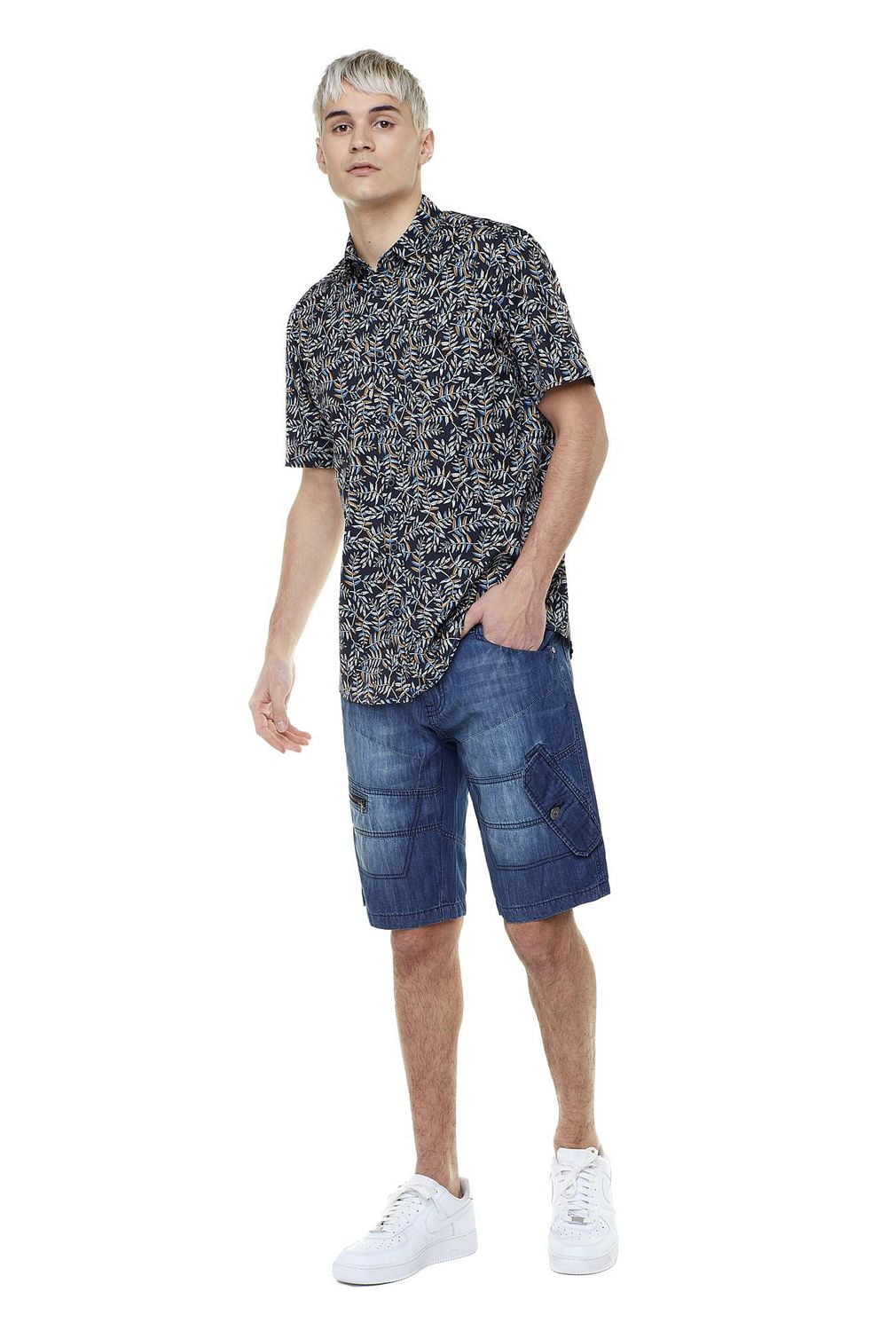 Dark Black Men's Short-Sleeve Patterned Button-Down Shirt