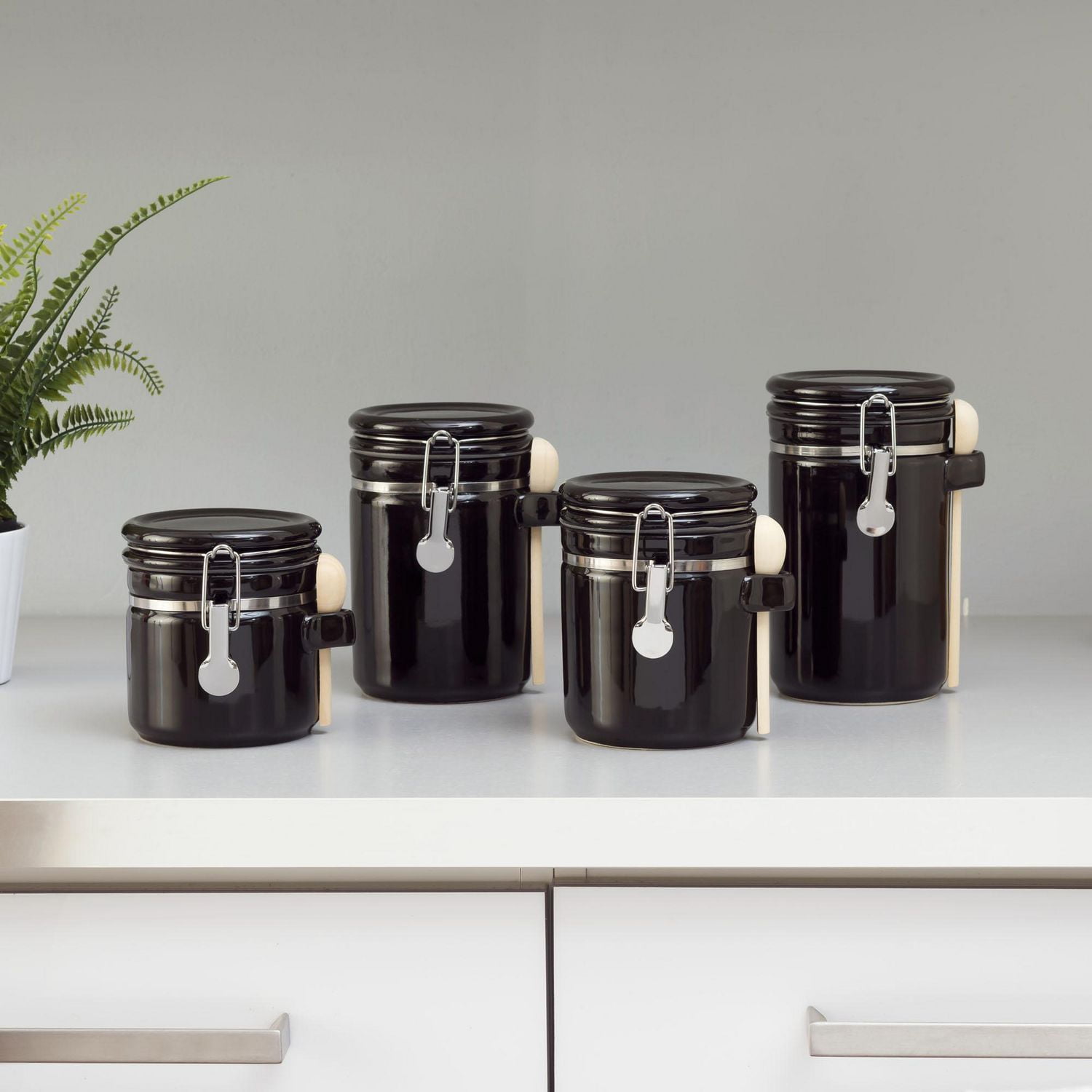 4 Piece Ceramic Canister Set with Wooden Spoons, Black Walmart Canada