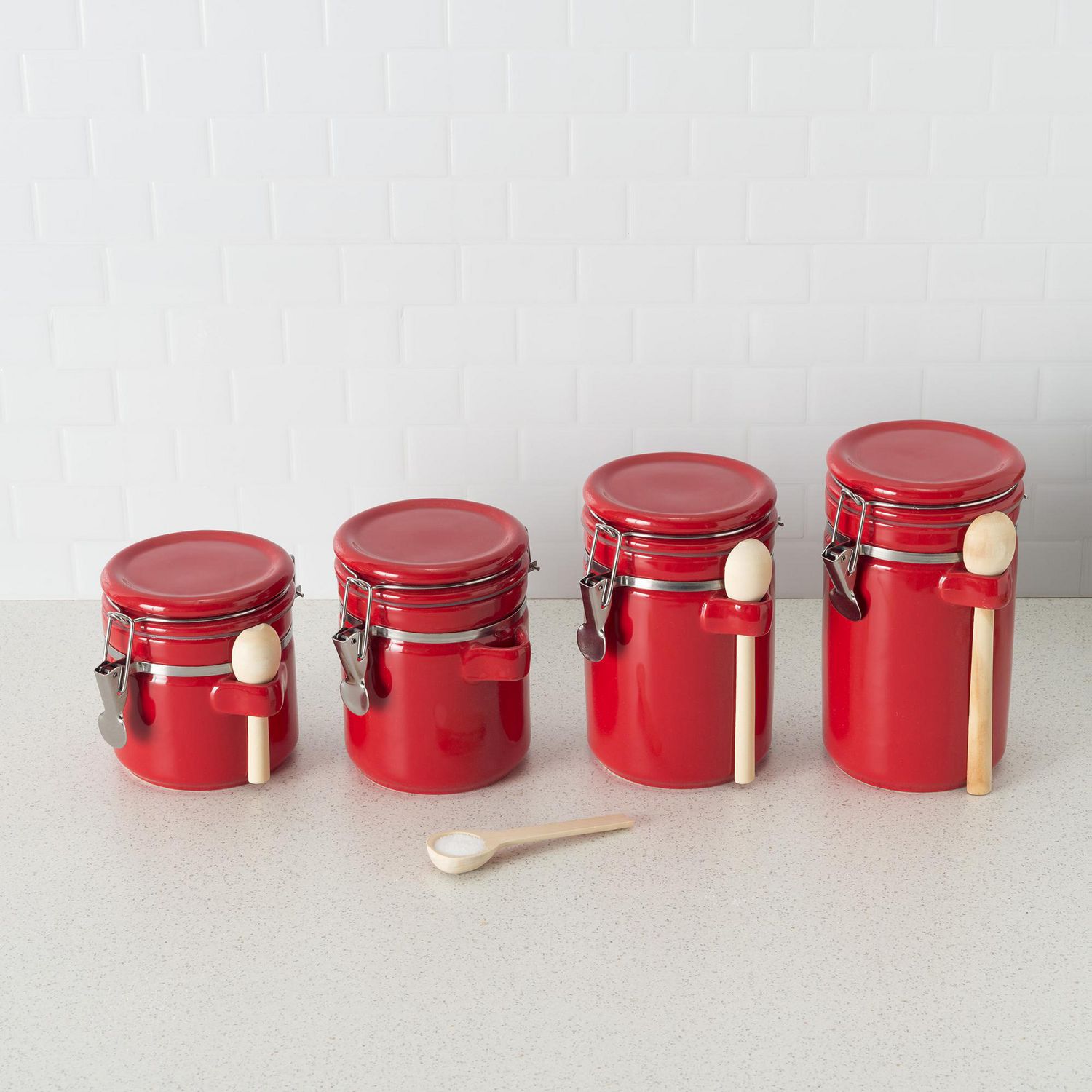 4 Piece Ceramic Canister Set With Wooden Spoons Red Walmart Canada   6000200749030 