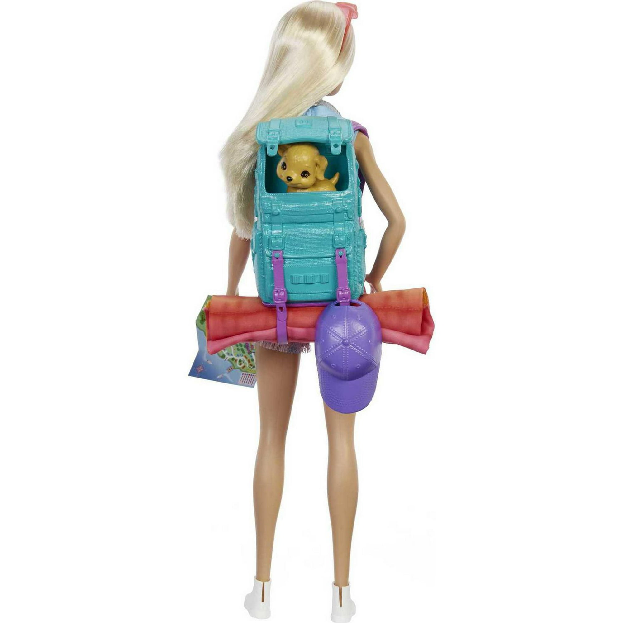 Barbie It Takes Two “Malibu” Camping Doll (11.5 in Blonde) with Pet Puppy,  Backpack, Sleeping Bag & 10 Camping Accessories, Gift for 3 to 7 Year Olds, Ages  3+ 