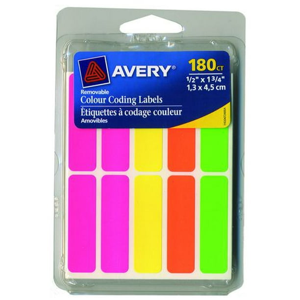 Étiquettes à codage couleur Avery, amovibles, variées, 06724, 1/2" x 1-3/4", 180 étiq./pqt