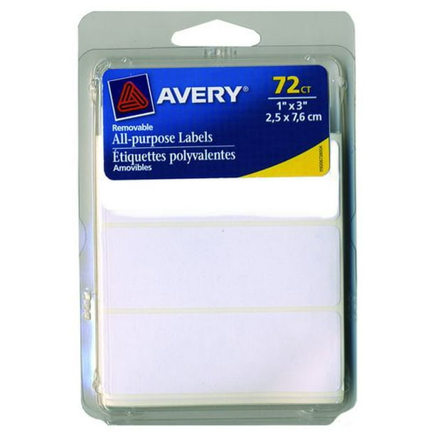 Étiquettes amovibles Avery - blanc, 1 po x 3 po, 72 pièces
