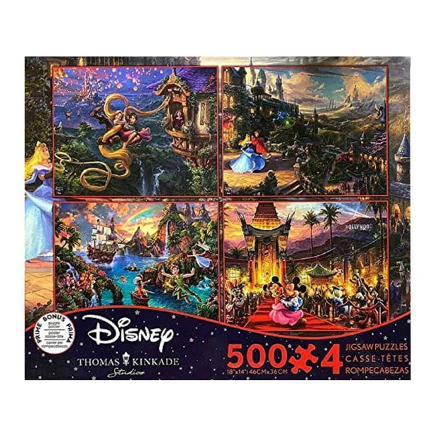 Ceaco Thomas Kinkade Disney 4-en-1 500 pièces Puzzles (Tangled, Sleeping Beauty, Peter Pan et Mickey & Minnie)