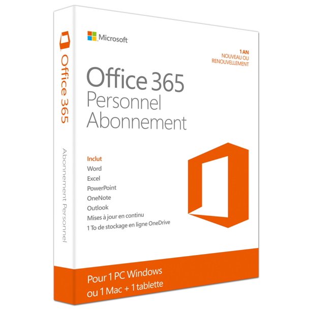 Microsoft – Logiciel Office 365 Personal, 1 PC ou Mac + 1 tablette, abonnement d'un an, français