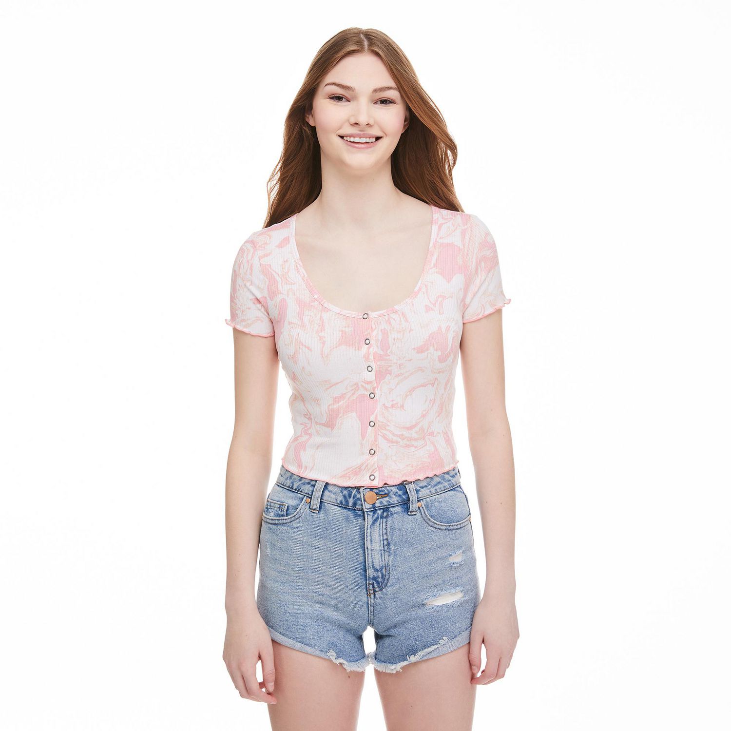 T-shirt en tricot côtelé avec boutons à pression No Boundaries pour femmes