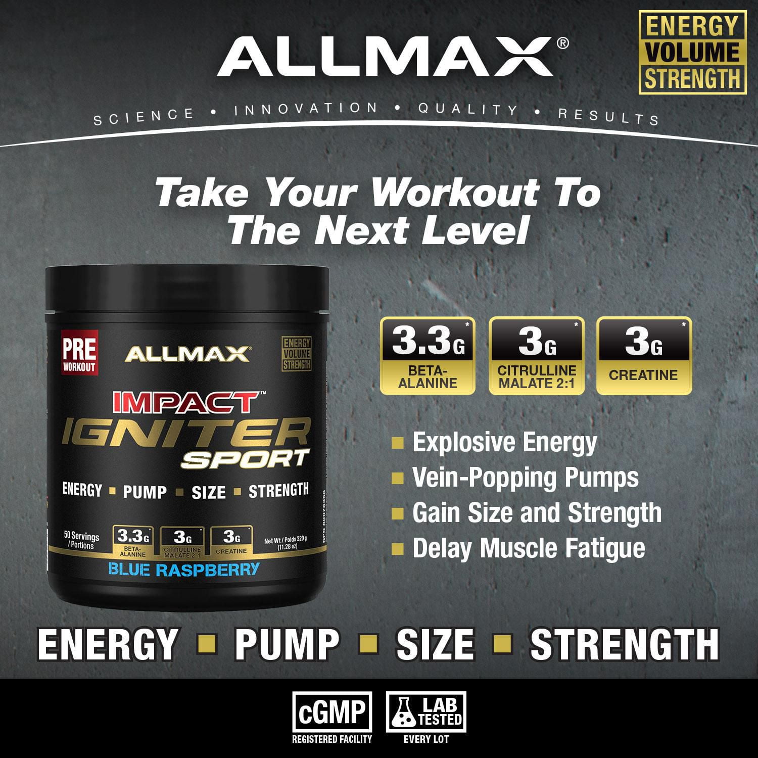 Allmax Impact Sport bleu rasp pré-entraînement
