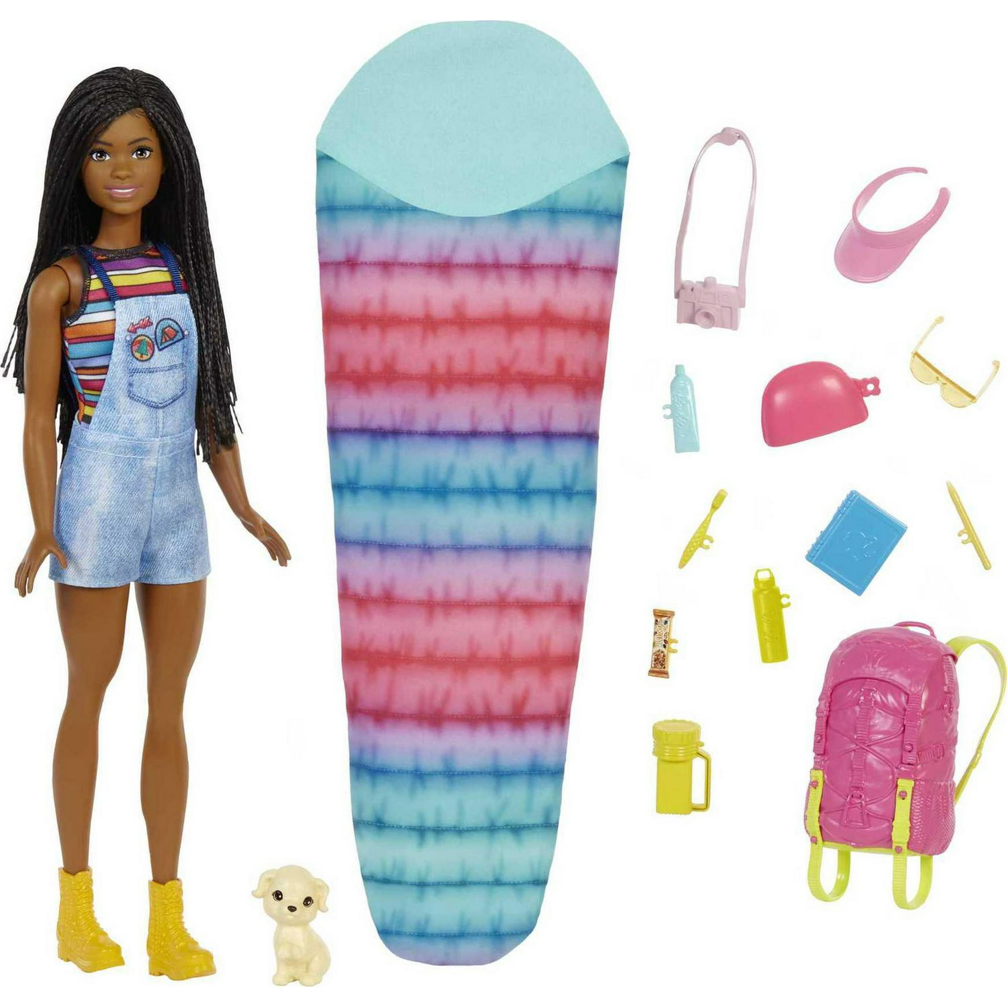 Barbie It Takes Two “Brooklyn” Camping Doll (11.5 in Brunette with Braids)  with Pet Puppy, Backpack, Sleeping Bag & 10 Camping Accessories, Gift for 3  to 7 Year Olds 