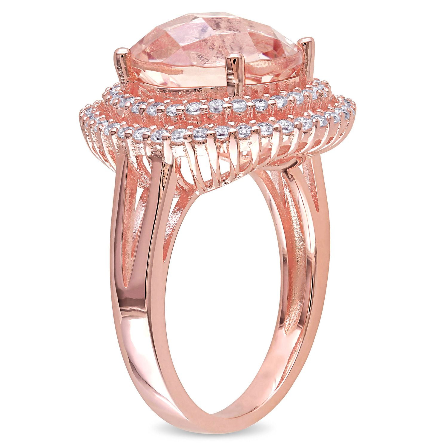 Tangelo 7.36 Carat T.G.W. Simulated Morganite and Cubic Zirconia Rose Rhodium-Plated Sterling Silver Halo Cocktail Ring