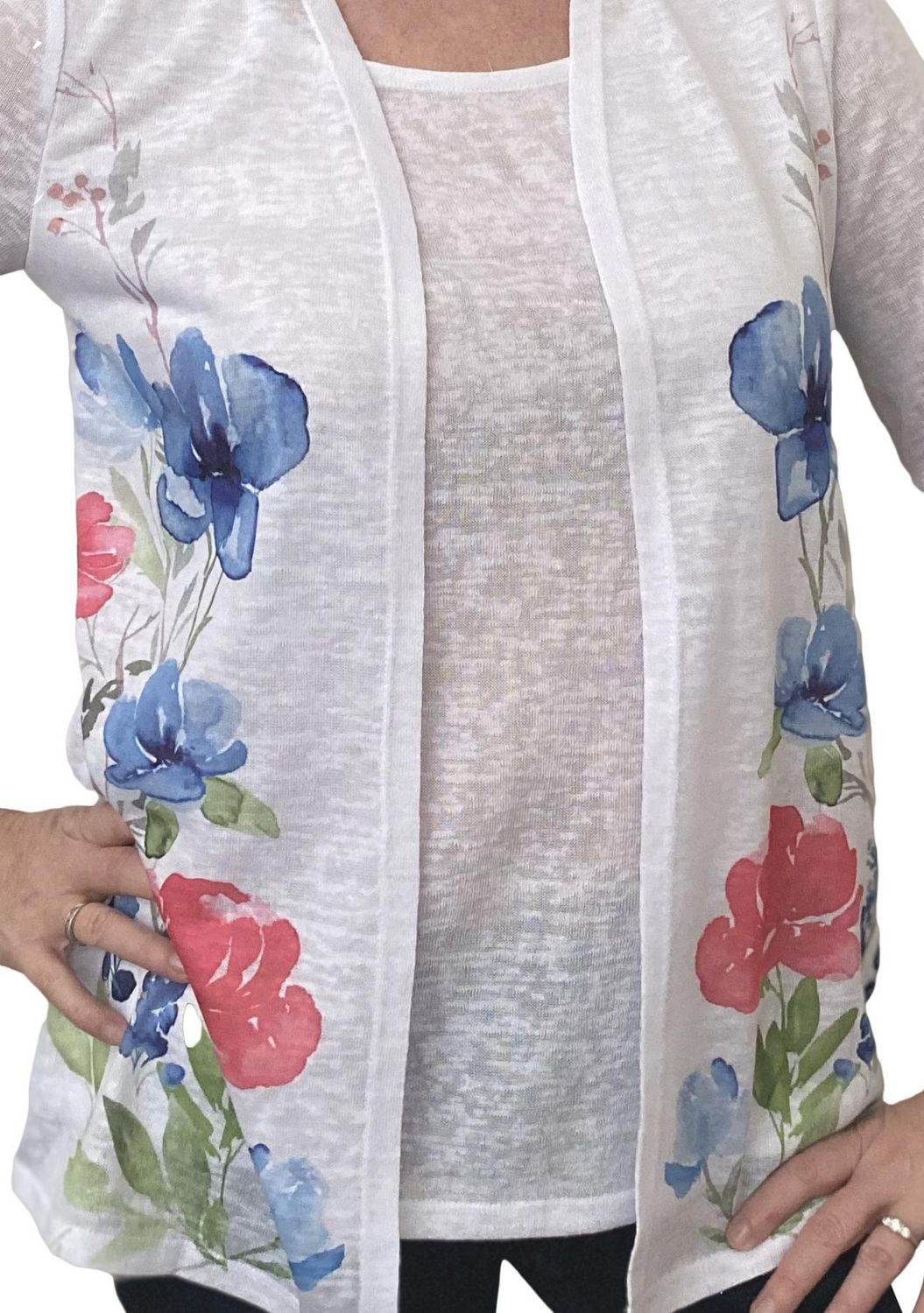 Cardigan avec débardeur trompe-l'œil Time Square pour femmes manches courtes avec Imprimé Aspect Lin