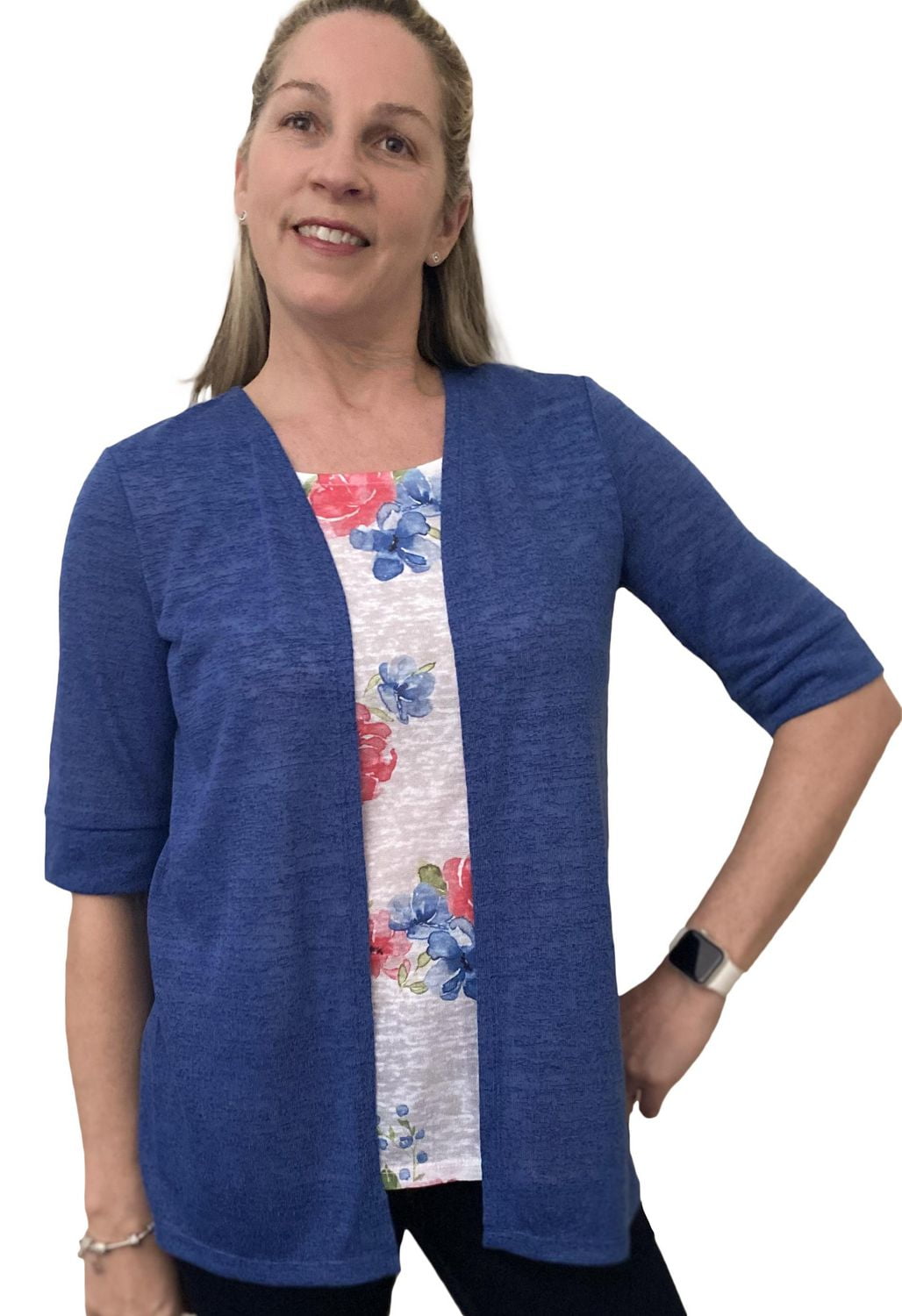 Time Square Women's Short Sleeve Linen-Look Fooler Cardigan with Print