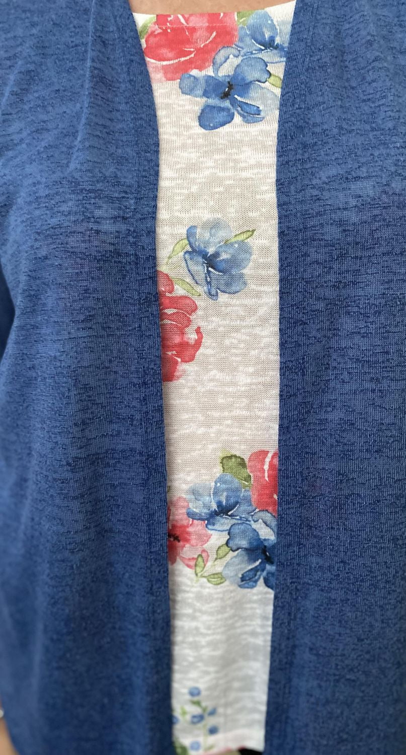 Time Square Women's Short Sleeve Linen-Look Fooler Cardigan with Print