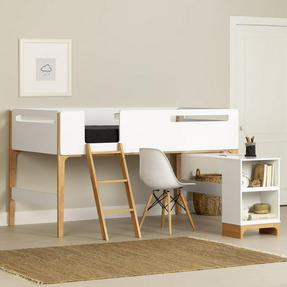 South Shore Bebble Loft Bed with Desk Twin White and Exotic Light Wood