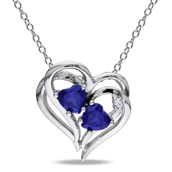 Tangelo 1.13 Carat T.G.W. Created Blue Sapphire and Diamond-Accent Sterling Silver Double-Heart Pendant; 18"