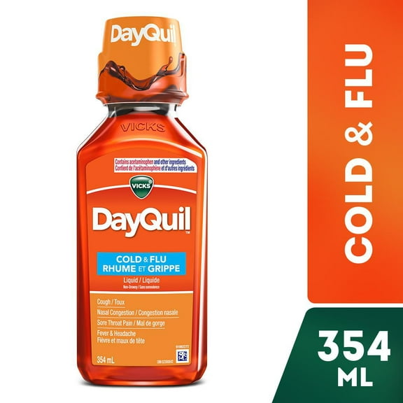 Vicks DayQuil Cold and Flu Symptom and Congestion Relief, Liquid Medicine, Non-Drowsy Daytime Relief for Headache, Fever, Sore Throat Pain, Minor Aches & Pains, Stuffy Head and Cough, 354ml