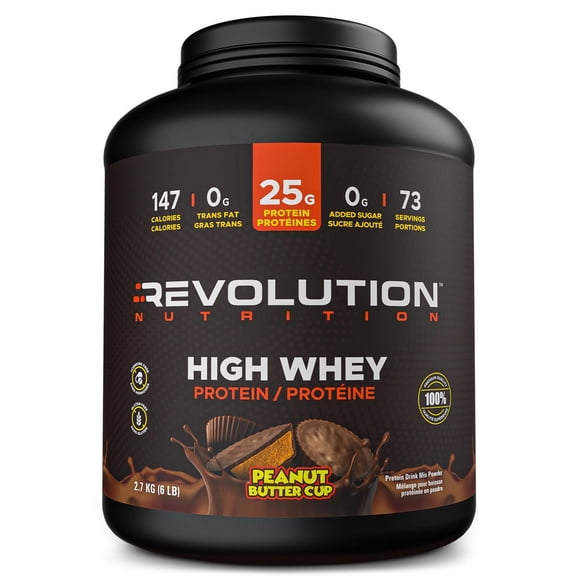Revolution Nutrition, High Whey, Protein Powder 6LB, Whey Isolate, 25g of Protein Per Scoop, 2700 g, 73 Servings, Gluten Free, Lean Muscle Mass For Men & Women, Peanut Butter Cup (6 Pounds)