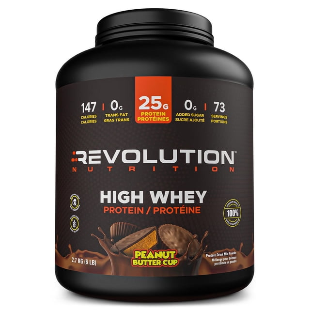 Revolution Nutrition, High Whey, Protein Powder 6LB, Whey Isolate, 25g of Protein Per Scoop, 2700 g, 73 Servings, Gluten Free, Lean Muscle Mass For Men & Women, Peanut Butter Cup (6 Pounds)