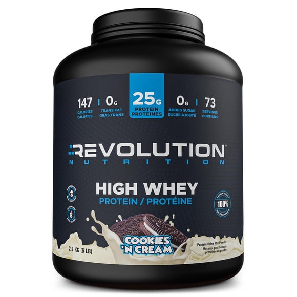 Revolution Nutrition, High Whey, Protein Powder 6LB, Whey Isolate, 25g of Protein Per Scoop, 2700 g, 73 Servings, Gluten Free, Lean Muscle Mass For Men & Women, Cookies & Cream (6 Pounds)