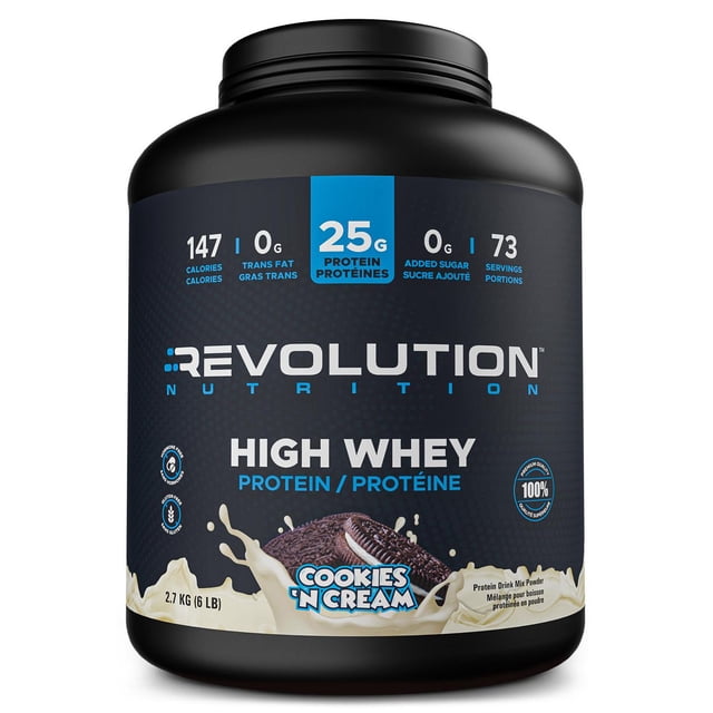Revolution Nutrition, High Whey, Protein Powder 6LB, Whey Isolate, 25g of Protein Per Scoop, 2700 g, 73 Servings, Gluten Free, Lean Muscle Mass For Men & Women, Cookies & Cream (6 Pounds)
