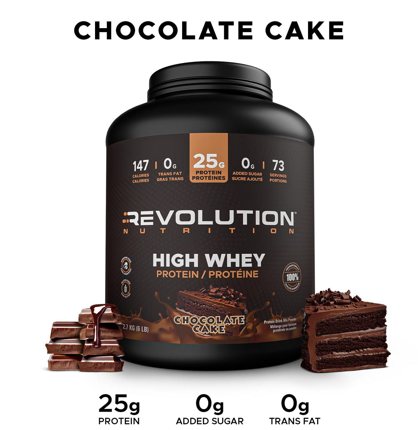 Revolution Nutrition, High Whey, Protein Powder 6LB, Whey Isolate, 25g of Protein Per Scoop, 2700 g, 73 Servings, Gluten Free, Lean Muscle Mass For Men & Women, Chocolate Cake (6 Pounds)